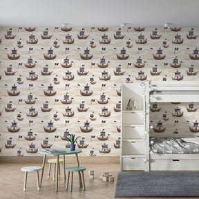 Soft beige pirate ships wallpaper transforming kids playroom into ocean adventure space