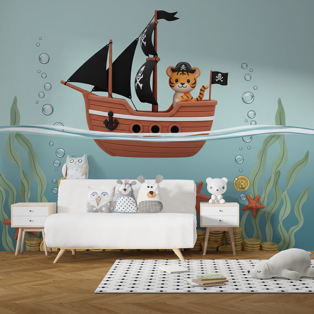 Ocean themed pirate tiger wallpaper transforming children's playroom into sea adventure space