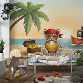 Beach pirate tiger mural wallpaper transforming children's playroom into adventure paradise