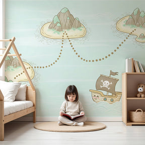 Pirate treasure map mural wallpaper in modern kids bedroom with sailing ship design by Kids-Mundo
