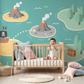 Pirate treasure map mural wallpaper in children's bedroom setting by Kids-Mundo