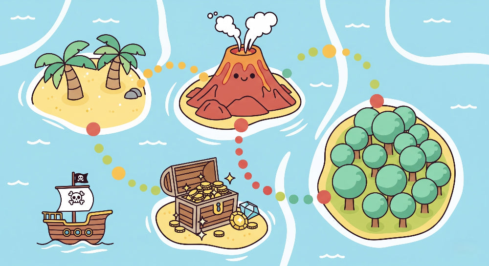 Detailed pirate treasure map mural wallpaper design pattern showing islands and ships by Kids-Mundo