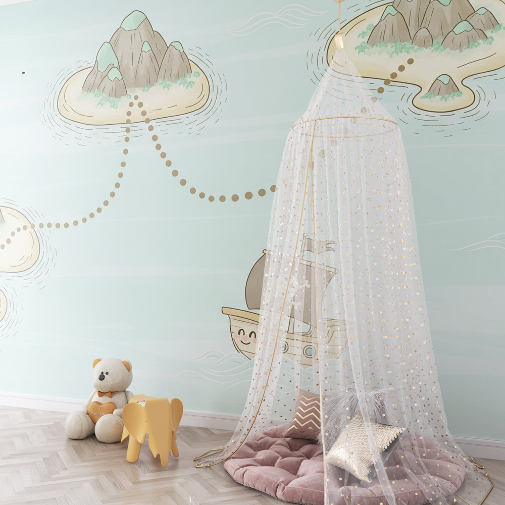 Pirate adventure mural wallpaper creating magical playroom atmosphere with island exploration theme