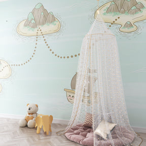 Pirate adventure mural wallpaper creating magical playroom atmosphere with island exploration theme