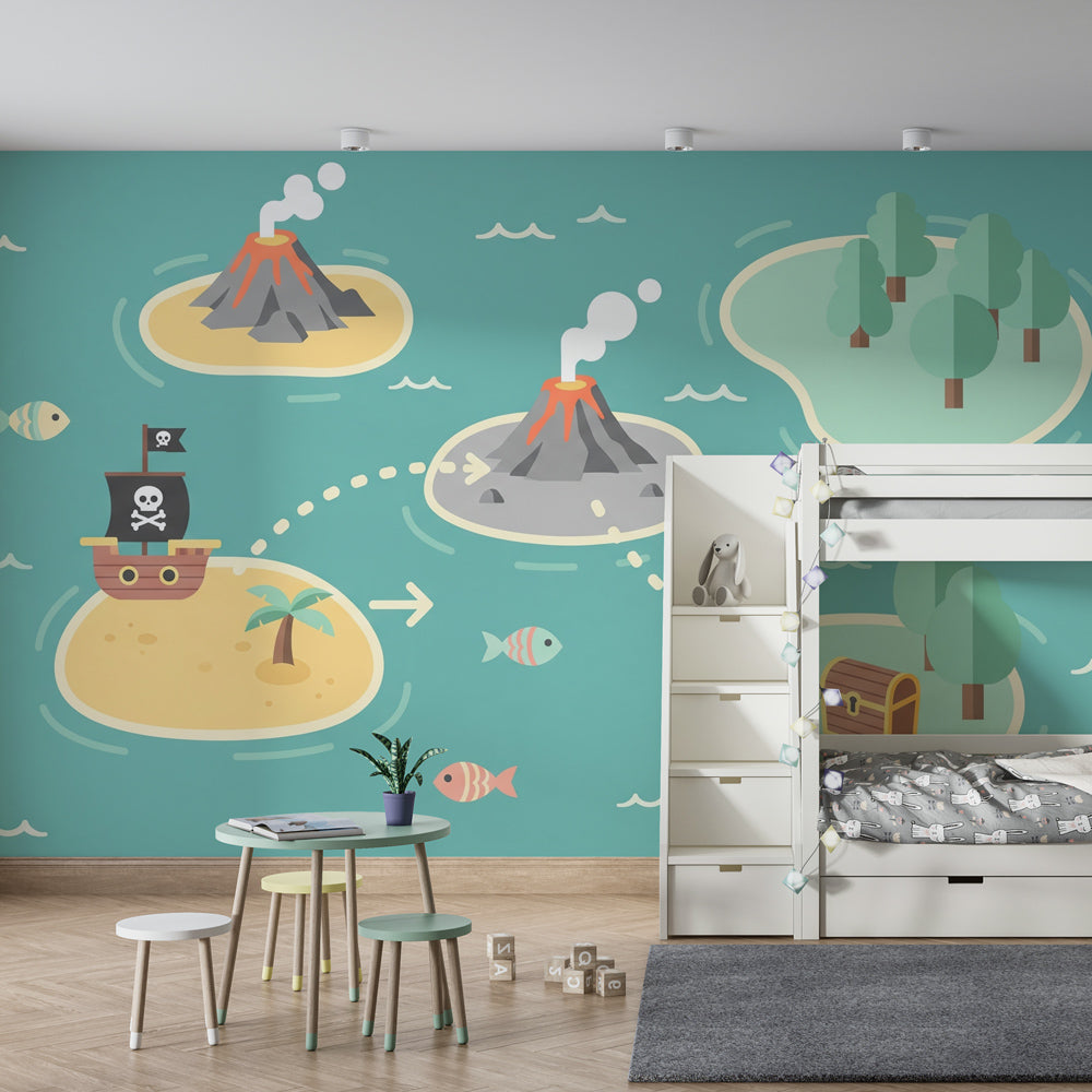 Pirate themed mural wallpaper transforming kids playroom into adventure space