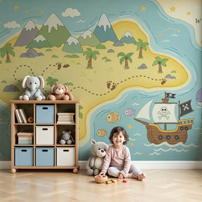 Pirate treasure map mural wallpaper in modern kids bedroom with adventure theme by Kids-Mundo