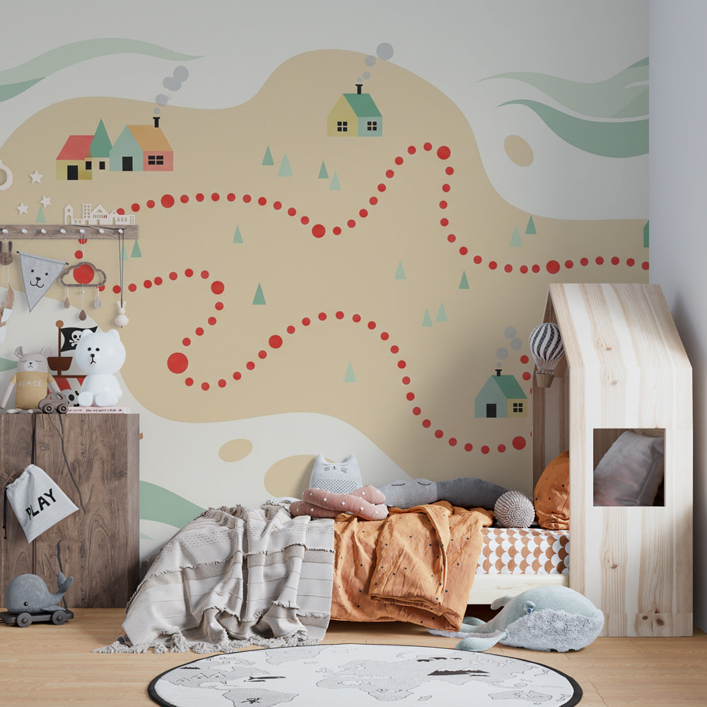 Children's pirate adventure wallpaper creating playful bedroom decor with ship and treasure map
