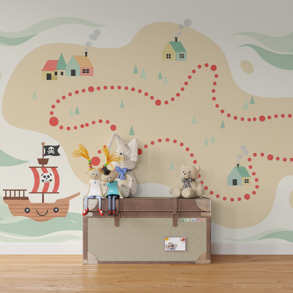 Nautical themed mural wallpaper transforming kids playroom into pirate adventure space