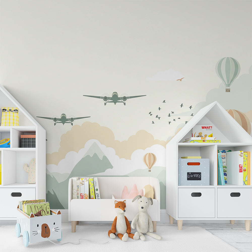 Kids-Mundo planes and balloons mountain wall mural styled on a kids bedroom wall