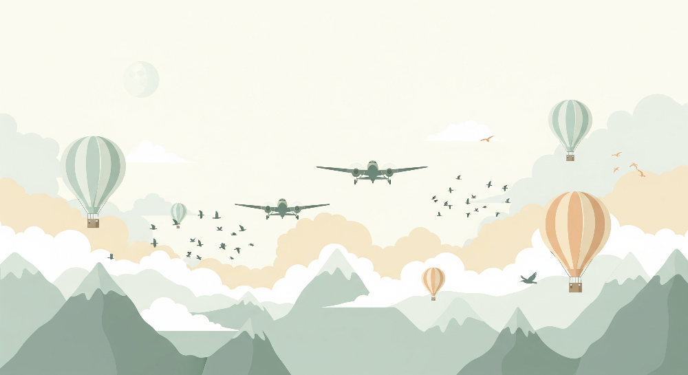 Airplanes and Balloons Over Mountain Peaks Wall Mural