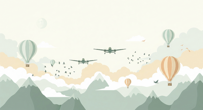 Kids-Mundo flat artwork of the airplanes and hot air balloons over mountain peaks mural
