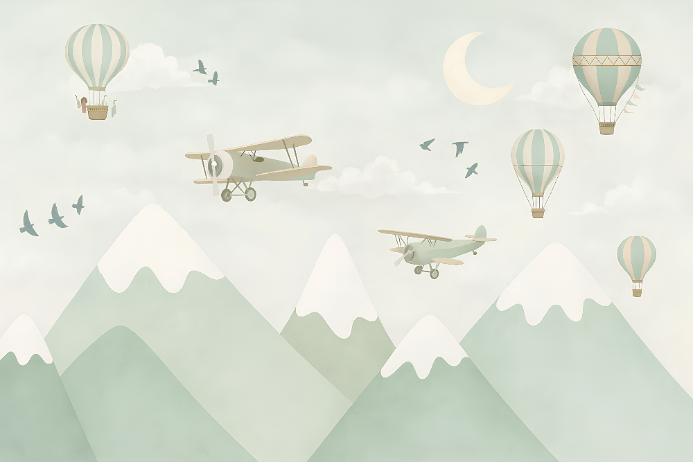 Biplanes and Balloons Over Mountains Wall Mural