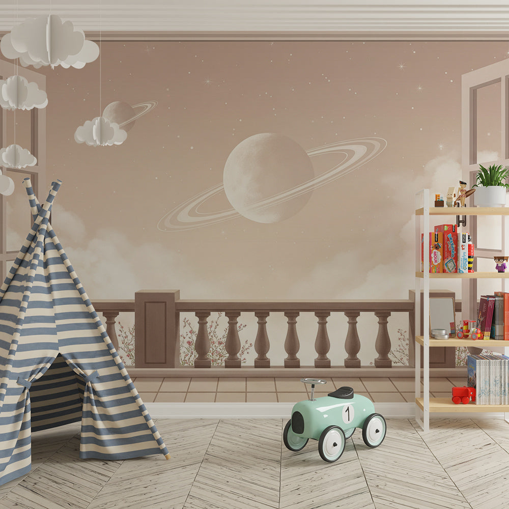 Kids-Mundo ringed planet balcony mural styled on a bright kids bedroom wall