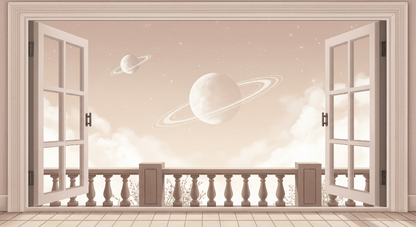 Kids-Mundo flat artwork of open French doors leading to a balcony beneath a ringed planet