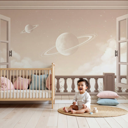 Kids-Mundo planet balcony wall mural with open French doors in a soft nursery bedroom