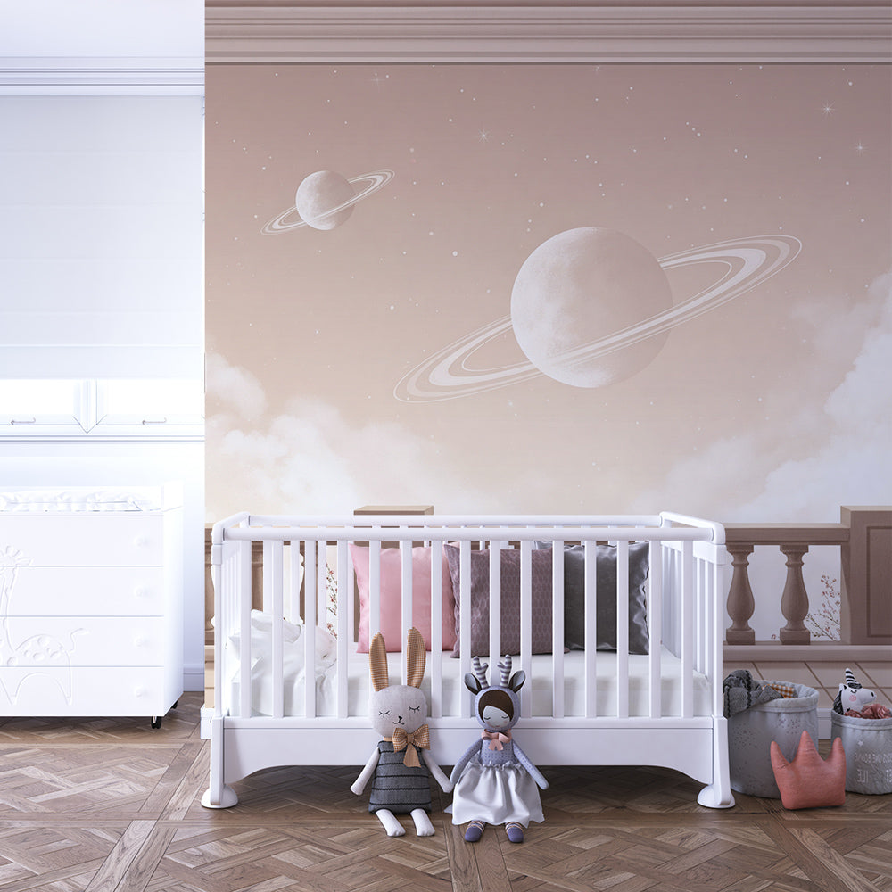 Kids-Mundo planet balcony wallpaper design shown in a cosy playroom setting