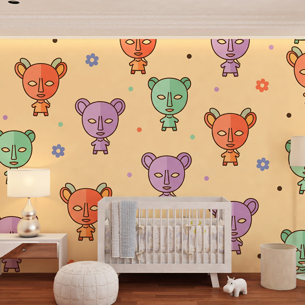 Kids-Mundo animal face pattern wall mural brightening a colourful children's playroom