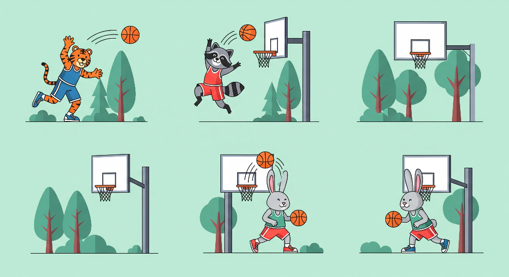 Flat artwork preview of the Kids-Mundo playful basketball animals wall mural design