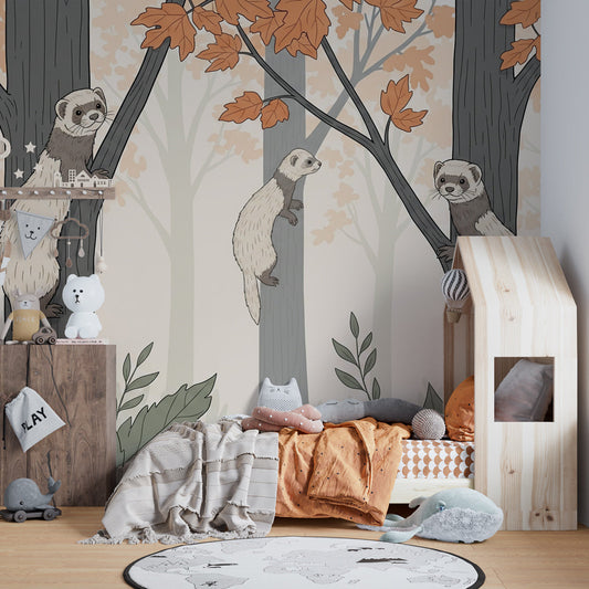 Kids-Mundo ferrets climbing trees wall mural covering a feature wall in a child's bedroom