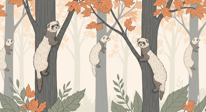 Kids-Mundo flat illustration of playful ferrets climbing trees among orange autumn maple leaves