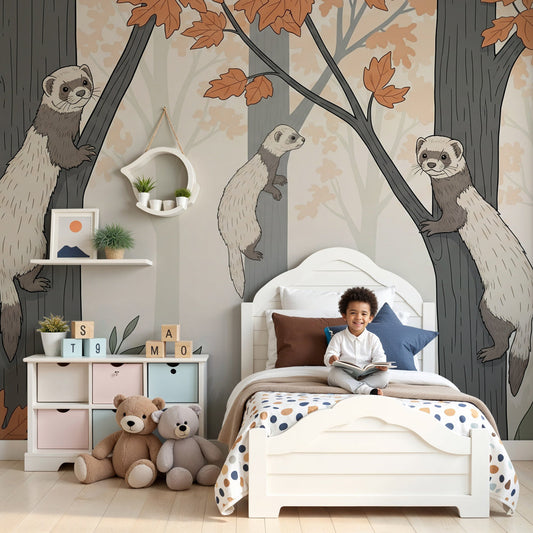 Kids-Mundo playful ferrets wall mural with autumn leaves behind a cot in a warm nursery