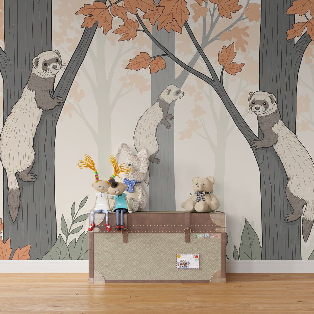 Kids-Mundo autumn ferret forest mural on a playroom wall behind a low toy shelf