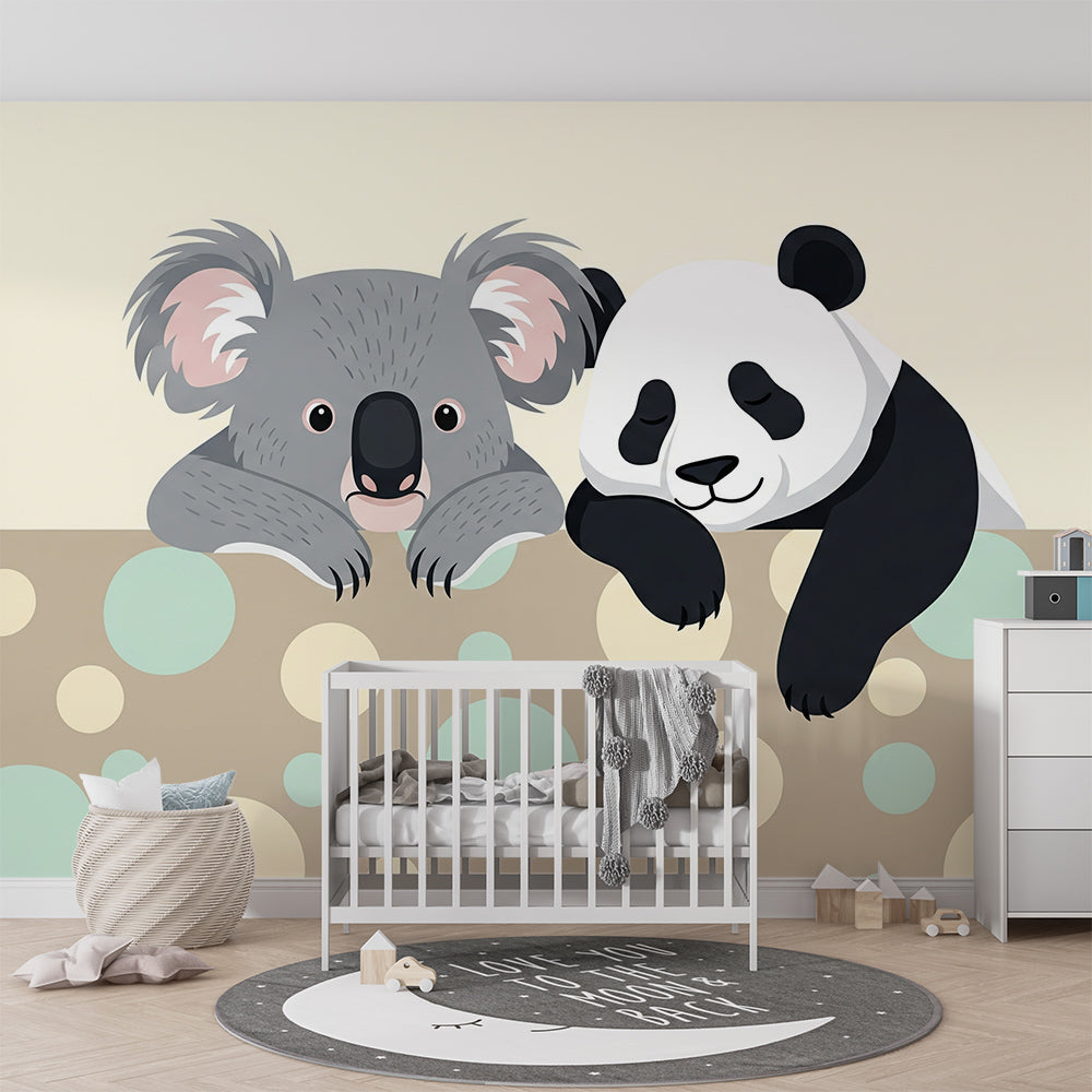 Kids-Mundo koala and panda wall mural styled in a kids bedroom, adding a playful tan and mint design.
