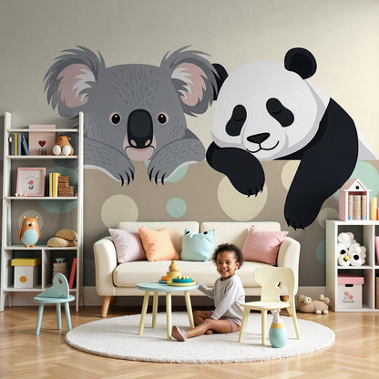 Kids-Mundo koala and panda wall mural in a soft nursery, made to measure for a gentle peekaboo scene.