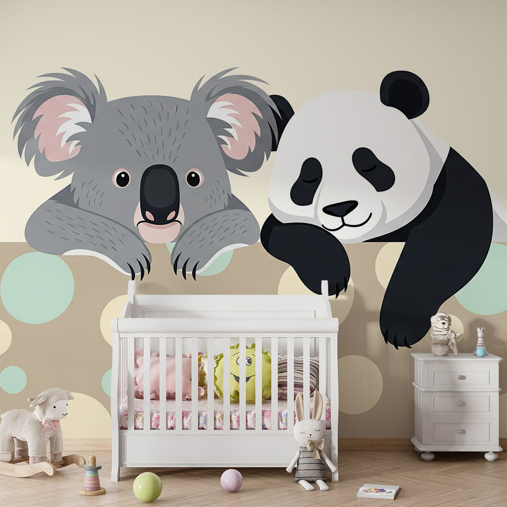 Kids-Mundo koala and panda wall mural brightening a playroom with a fluffy, huggable animal pair.
