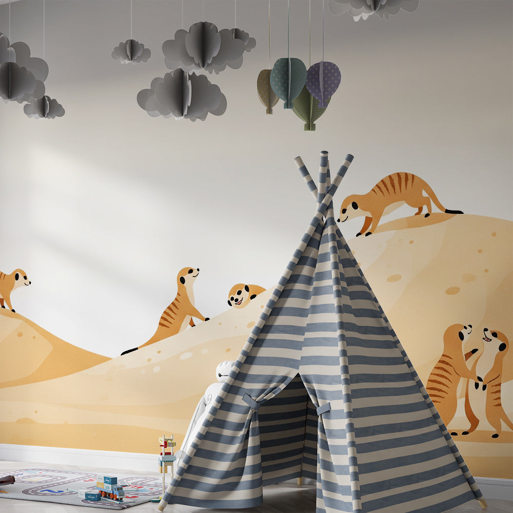 Kids-Mundo tumbling meerkat wall mural adding lively colour to a kids bedroom wall