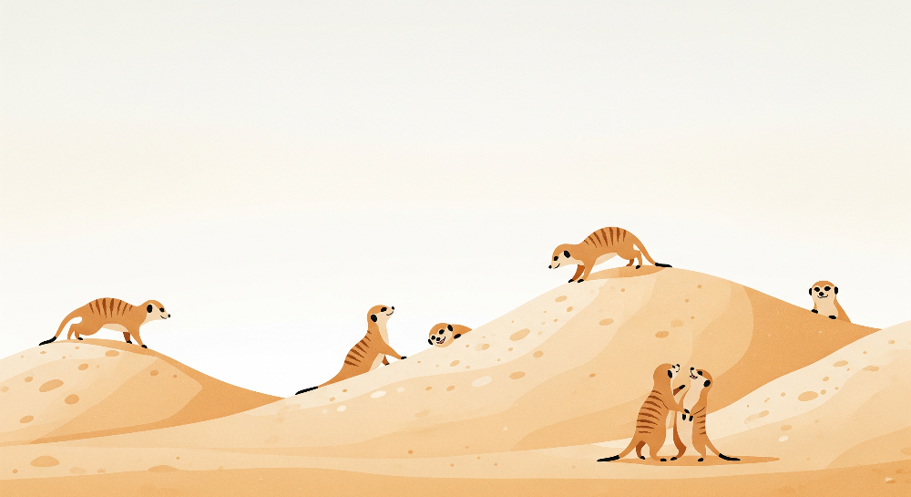 Kids-Mundo flat artwork of playful meerkats climbing and tumbling across warm orange dunes