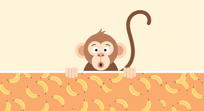 Kids-Mundo flat artwork of a playful monkey peeping over an orange banana print wall.