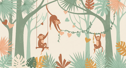 Kids-Mundo flat artwork of three playful monkeys swinging among hearts and trees for a wall mural.