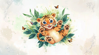 Flat watercolour artwork of the Kids-Mundo tiger cub wall mural design with butterflies and leaves.