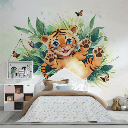 Kids-Mundo tiger cub wall mural bringing jungle colour and butterflies to a children's playroom.