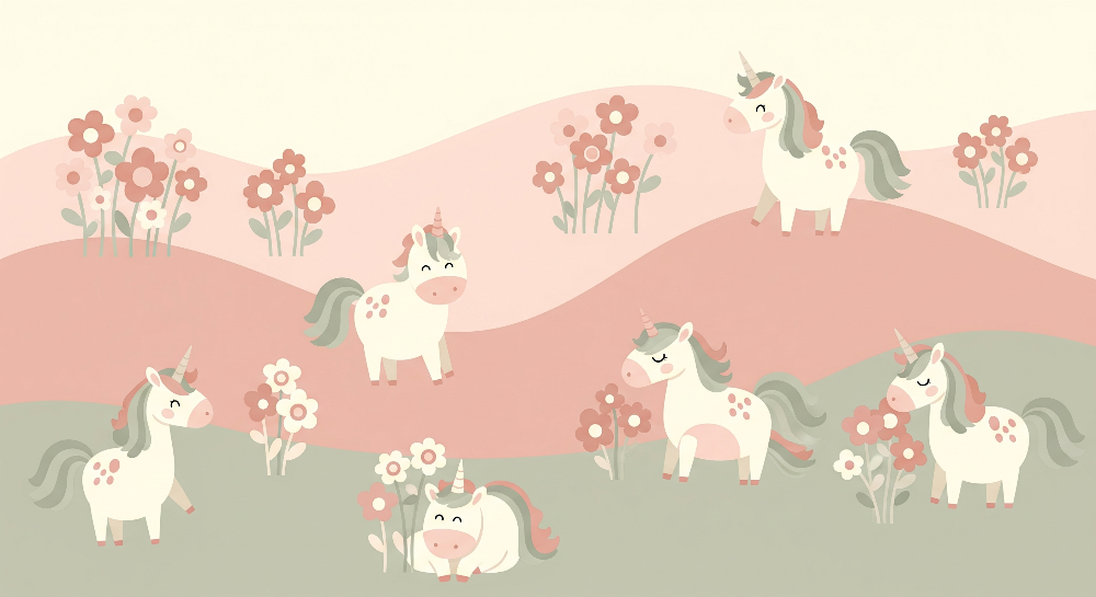 Kids-Mundo flat artwork of playful spotted unicorns on rolling pink and sage hills