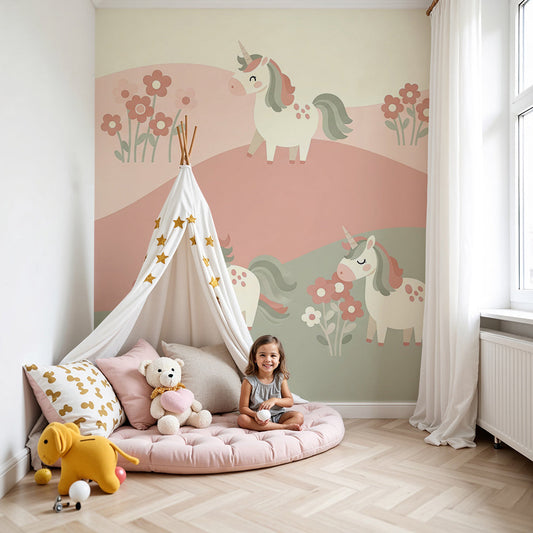 Kids-Mundo playful unicorn wall mural on rolling pink hills styled behind a cot in a nursery