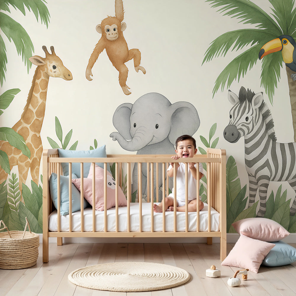 Kids-Mundo watercolour jungle wall mural with giraffe and elephant in a soft nursery room