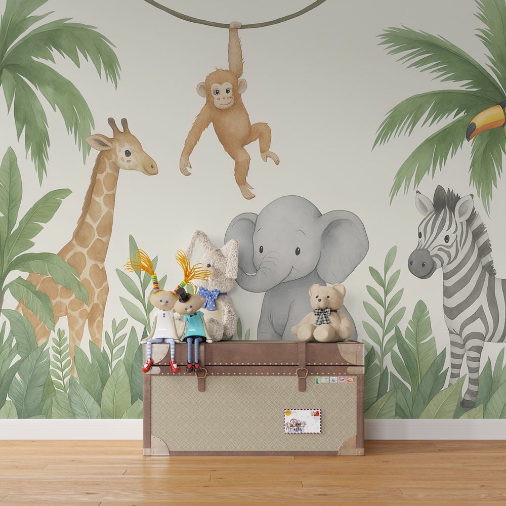 Kids-Mundo playful watercolour jungle mural with swinging monkey in a bright playroom