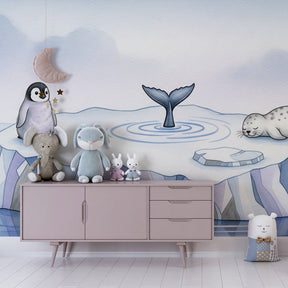 Penguin and seal mural wallpaper transforming kids playroom into arctic wonderland