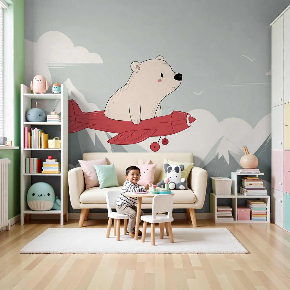 Polar bear airplane mural wallpaper in modern nursery with white crib by Kids-Mundo