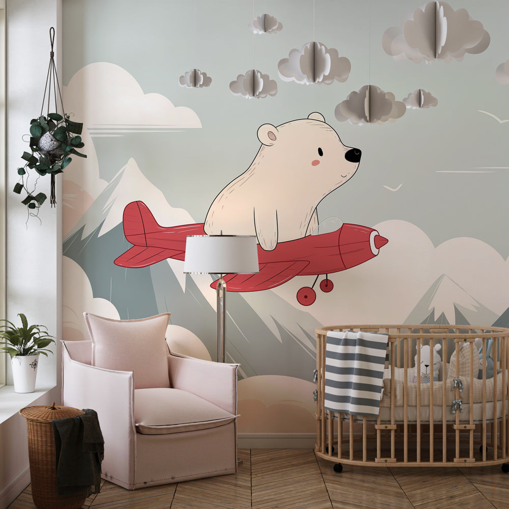 Whimsical polar bear airplane wallpaper transforming children's playroom decor