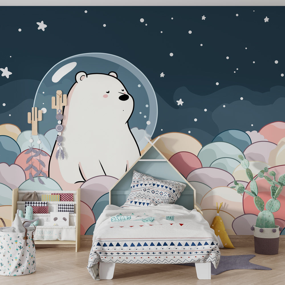 Celestial polar bear wallpaper creating dreamy atmosphere in soft blue nursery decor
