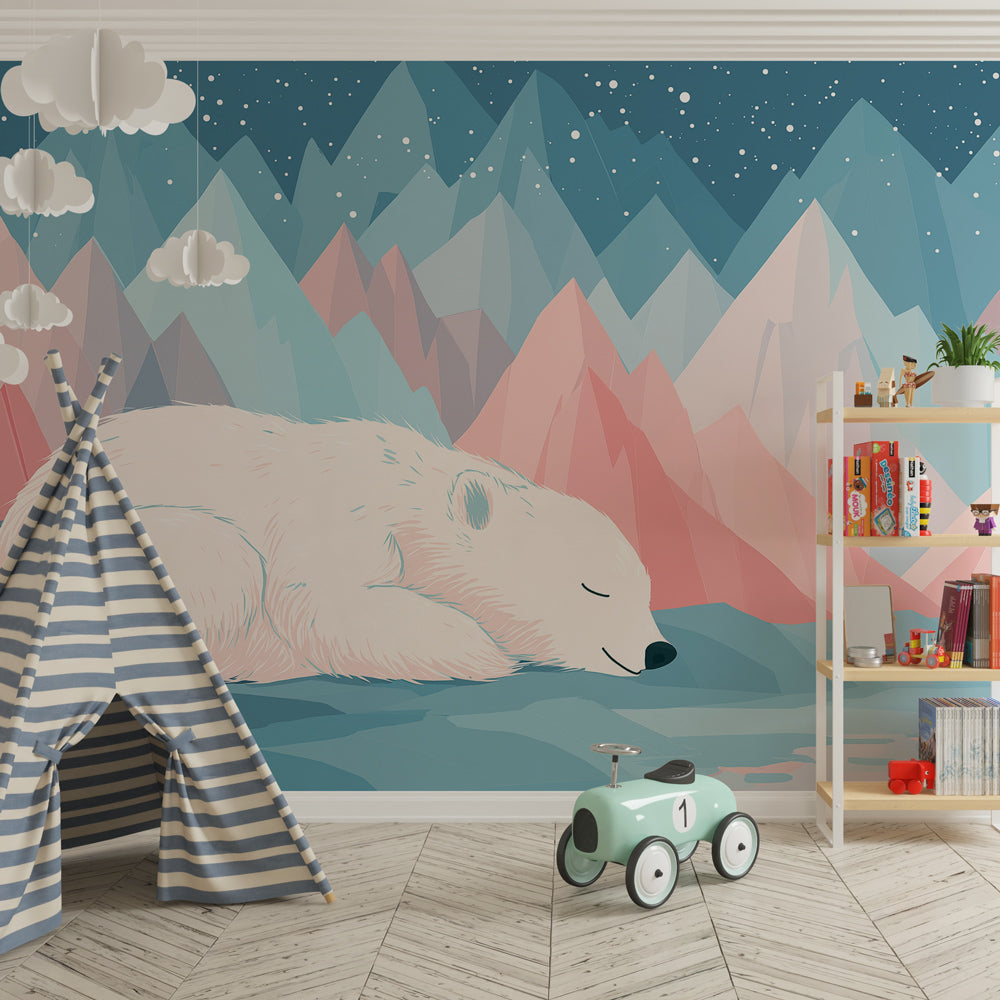 Sleeping polar bear wallpaper in modern baby room with light wood furniture and soft lighting
