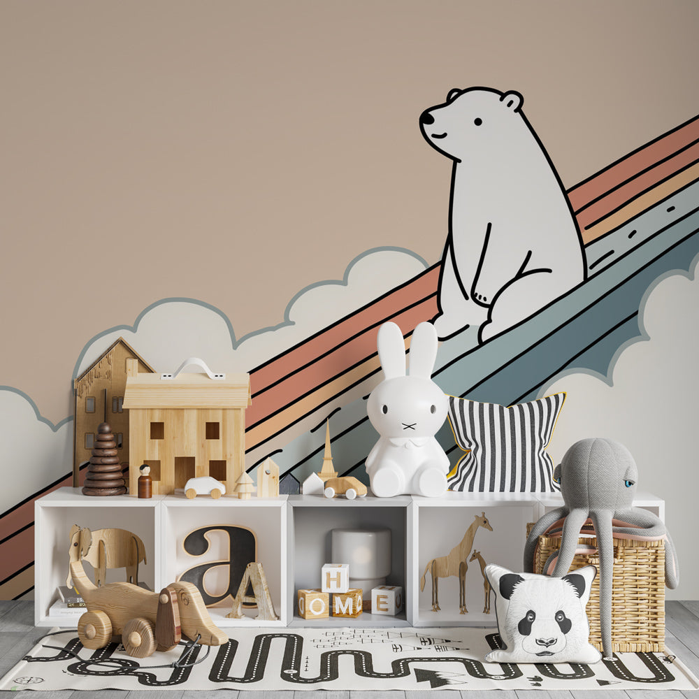 Rainbow clouds polar bear wallpaper creating magical nursery atmosphere