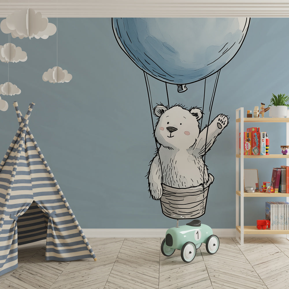 Hot air balloon bear wallpaper transforming nursery into magical sky adventure space