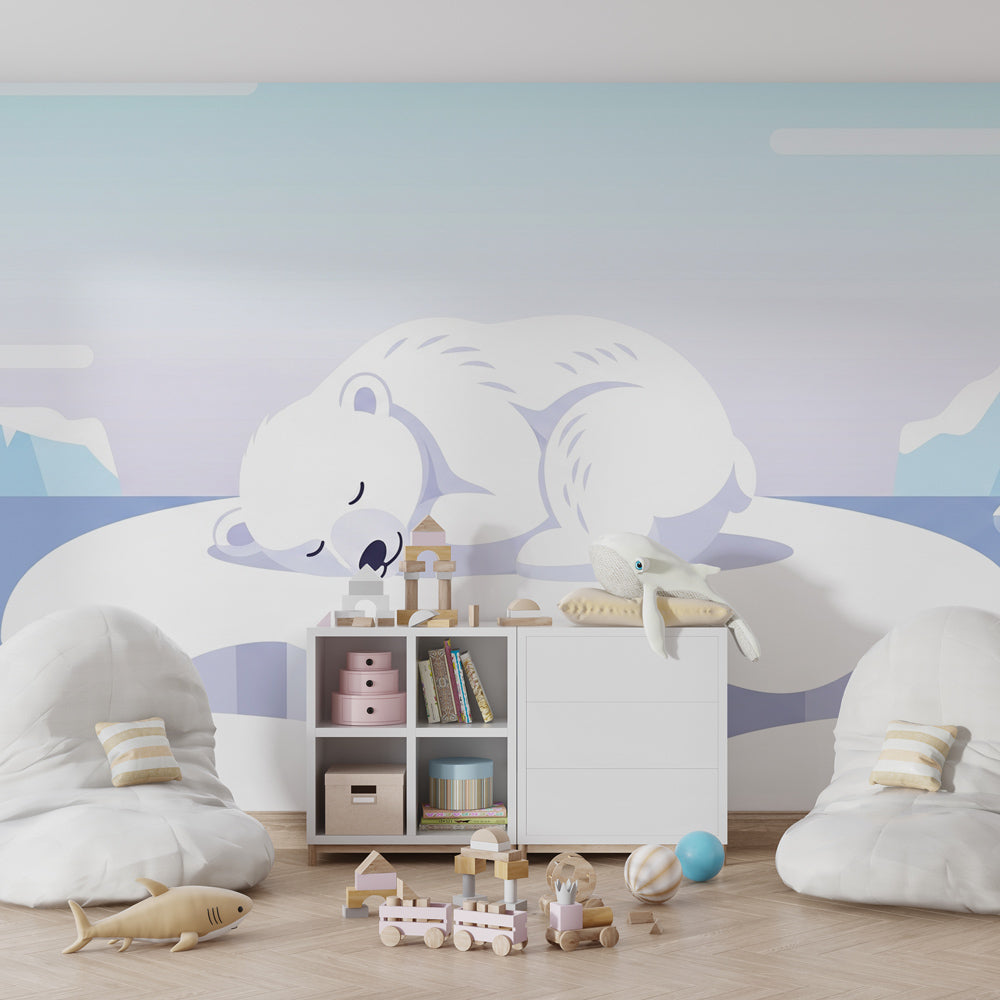 Arctic polar bear wallpaper transforming children's bedroom into serene winter wonderland