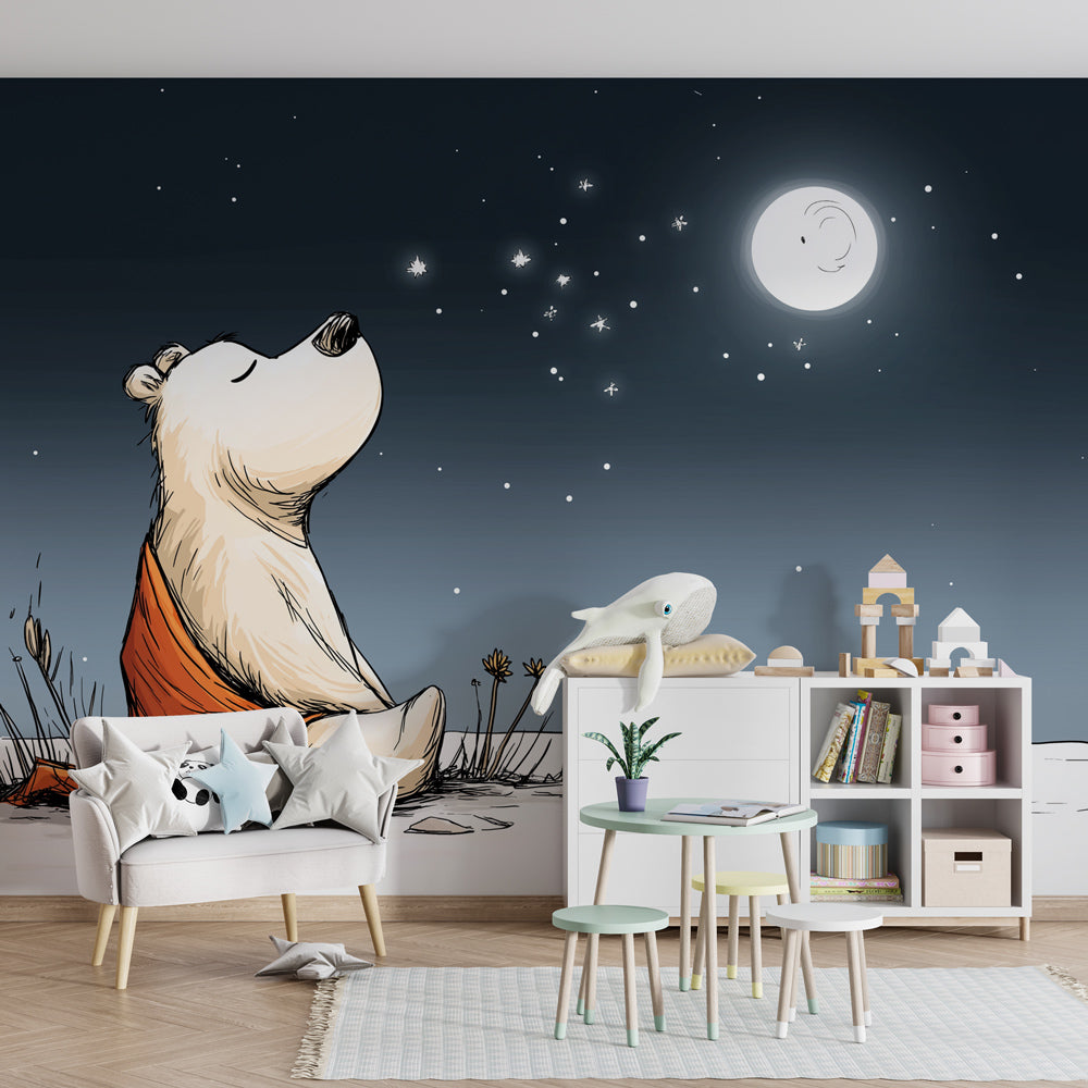 Arctic polar bear wallpaper in modern kids bedroom with starry night sky and moon by Kids-Mundo