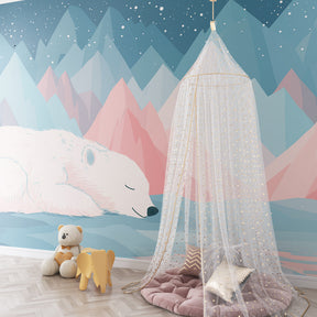 Mountain polar bear mural wallpaper transforming nursery into peaceful winter wonderland