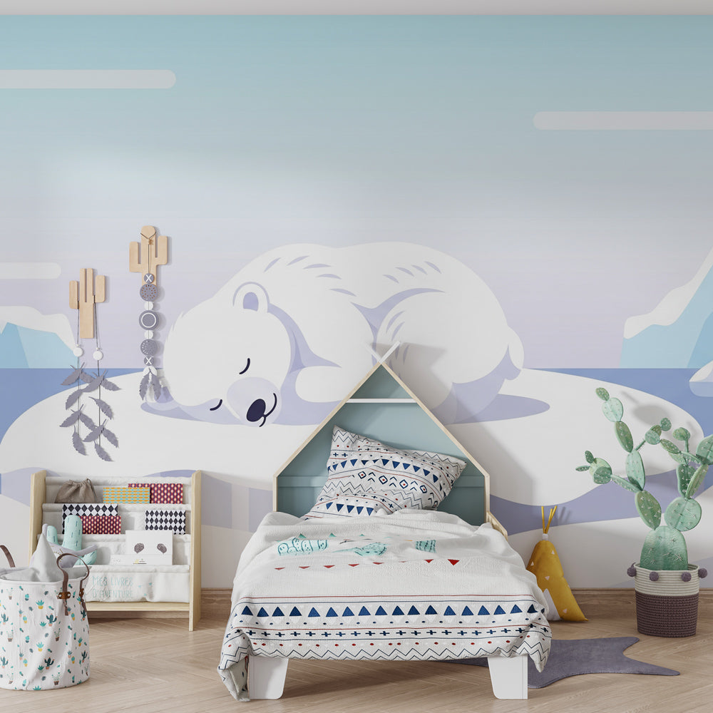 Kids room featuring polar bear mural wallpaper with natural wood furniture and Nordic decor